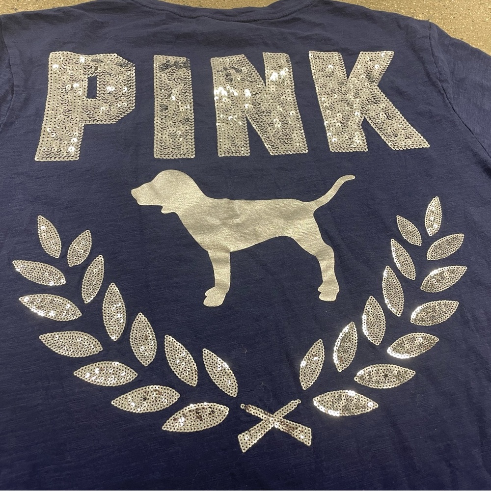 Navy Victoria's Secret PINK Sequin Shine Campus Short Sleeve Tee size Medium - Picture 4 of 8